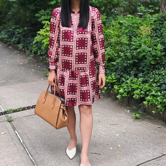 Ann Taylor LOFT Multicolor Long Sleeve Geometric Border Flounce Shirt Dress - Picture 3 of 11